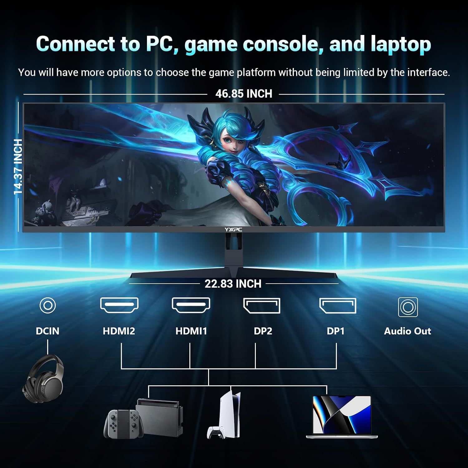 49' inch Curved Ultrawide Gaming Monitor DQHD 5120x1440 165Hz 32:9 1500R 120% sRGB FreeSync,HDR10,PIP/PBP,1ms MPRT,Eye Care,HDMI 2.1 * 2, DP1.4 * 2, VESA(100mm*100mm) Wall Mount Ready
