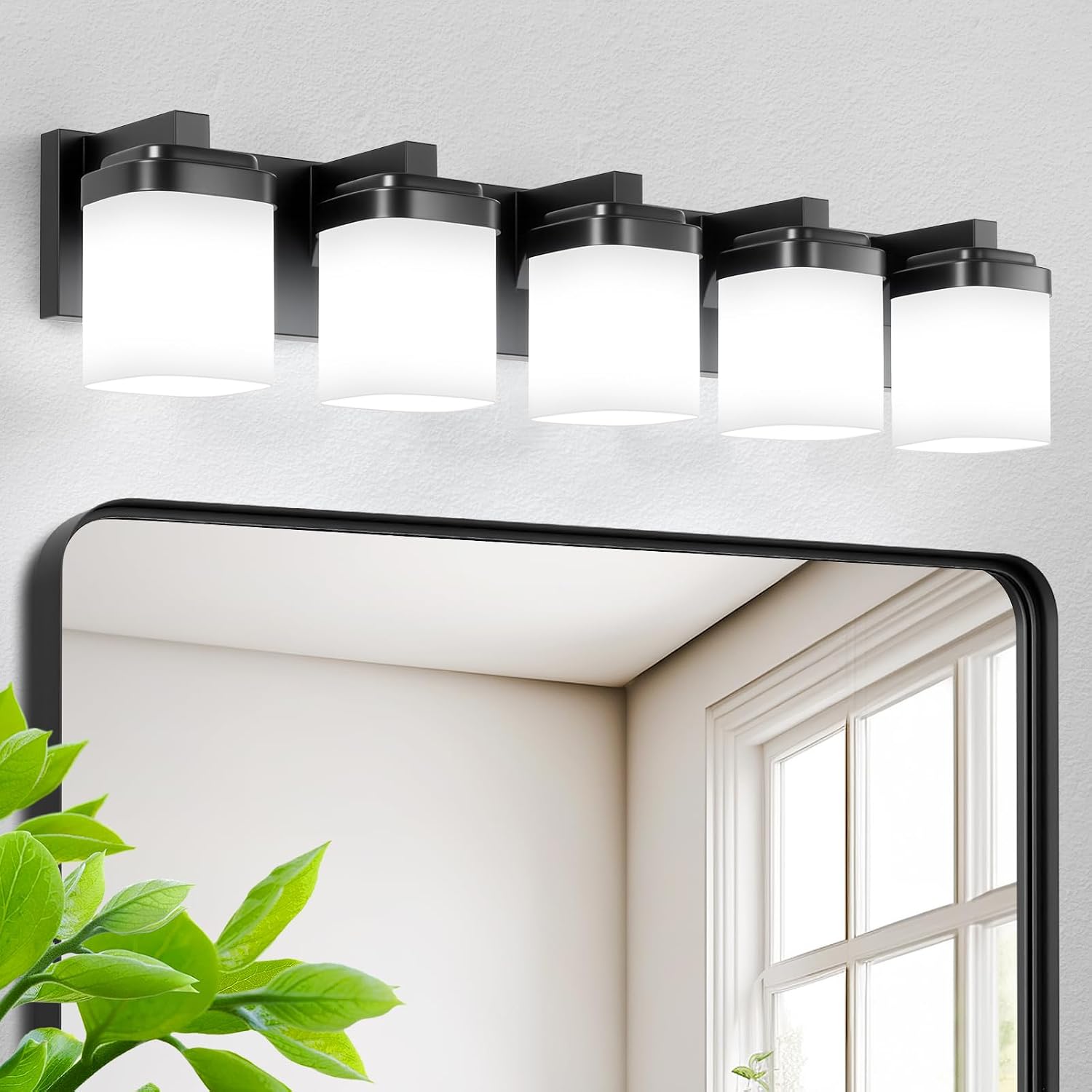 Vanity Lights, Bathroom Light Fixtures with Milky White Square Glass Shade, Modern Vanity Light Over Mirror, Bathroom Light Fixtures, Wall Sconce Light 5-Light Black, E26 Base