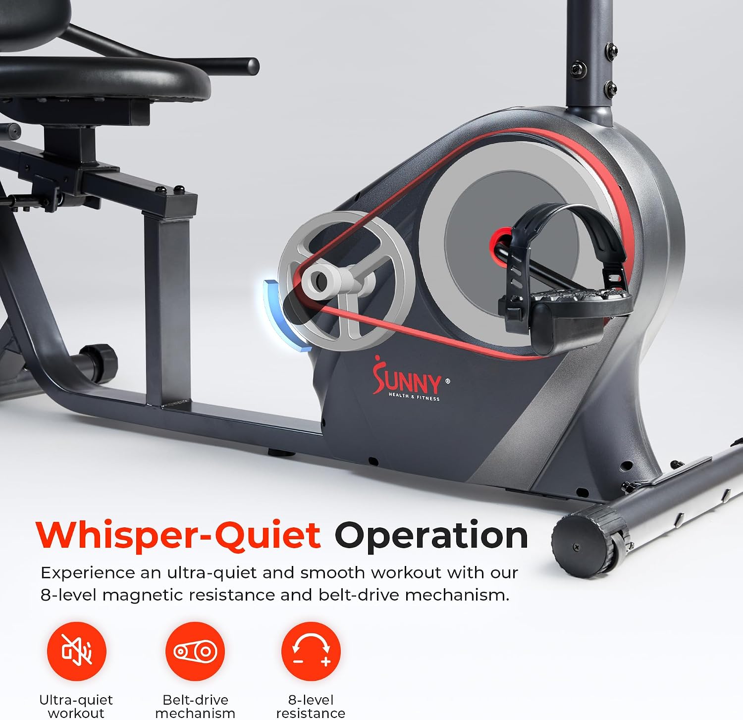 Sunny Health & Fitness Smart Recumbent Bike, Wide Cushioned Seat & Back, Indoor Cycling Machine for Adult/Seniors Home Exercise, Free SunnyFit App Connection