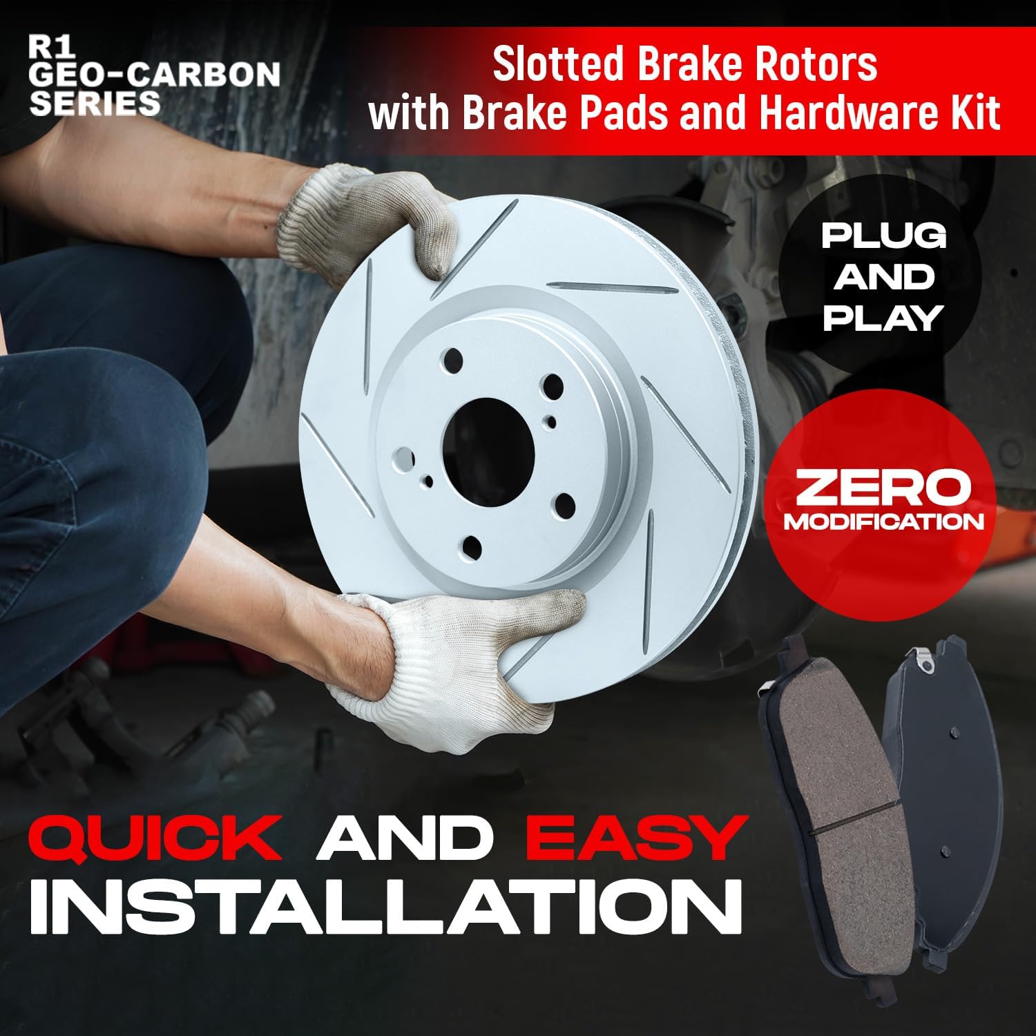R1 Concepts Front Brake Kit Fits 2011-2019 Ford Fiesta| Performance Sport Pads, Slotted Rotors| Hardware| 10.2' Front