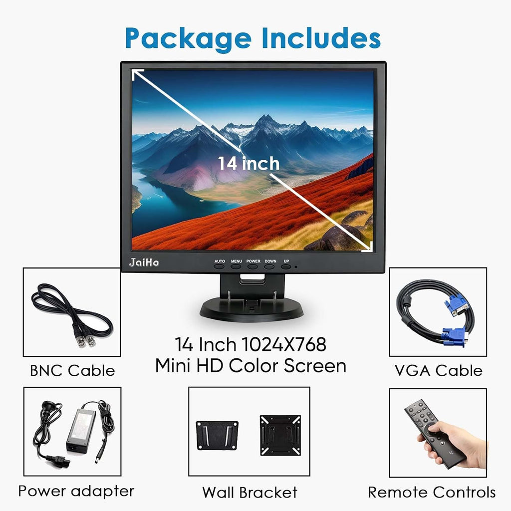 JaiHo 15-Inch 4:3 Security Monitor, 1024x768 No Image Stretching CCTV Screen with Metal Housing, BNC HDMI VGA AV USB Input, Industrial Display with Built-in Speakers Remote Control & VESA Mount