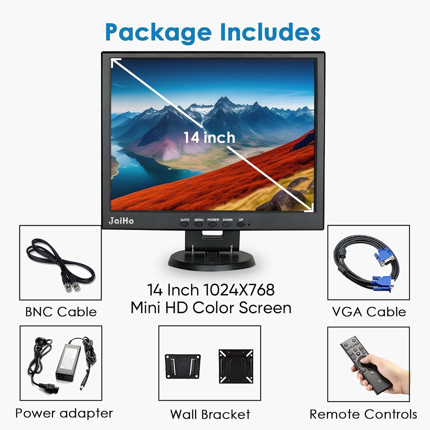 JaiHo 15-Inch 4:3 Security Monitor, 1024x768 No Image Stretching CCTV Screen with Metal Housing, BNC HDMI VGA AV USB Input, Industrial Display with Built-in Speakers Remote Control & VESA Mount