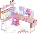 AODK L Shaped Desk Gaming Desk with LED Light & Power Outlet, 53 Inch Reversible L Shaped Computer Table with Shelf & Storage Bag & Hook for Home Office, Pink