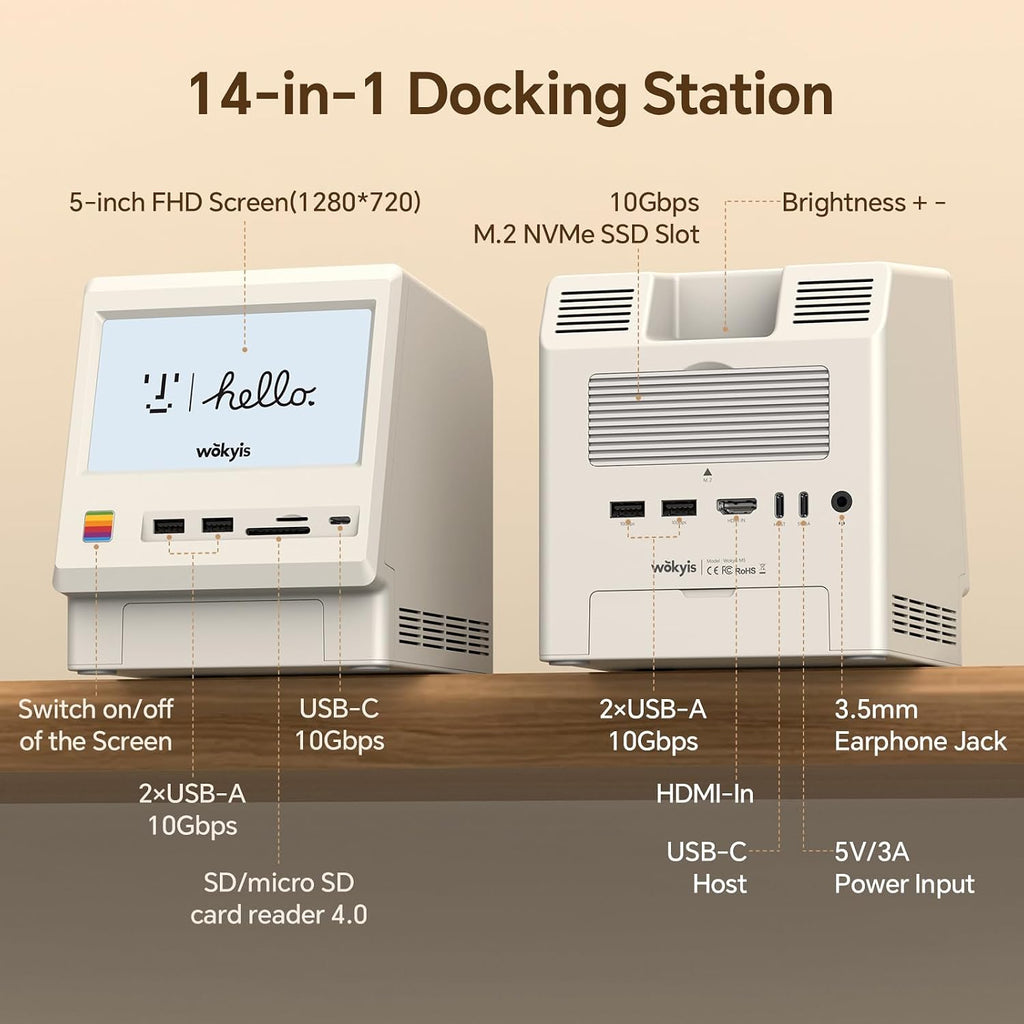 M5 Retro Dock Station for Mac mini M4, 5'inch HD Display, 10Gbps M.2 NVMe SSD Enclosure, SD/Micro SD Reader 4.0, 4*USB-A 1*USB-C 10Gbps, 3.5mm Earphone Jack,