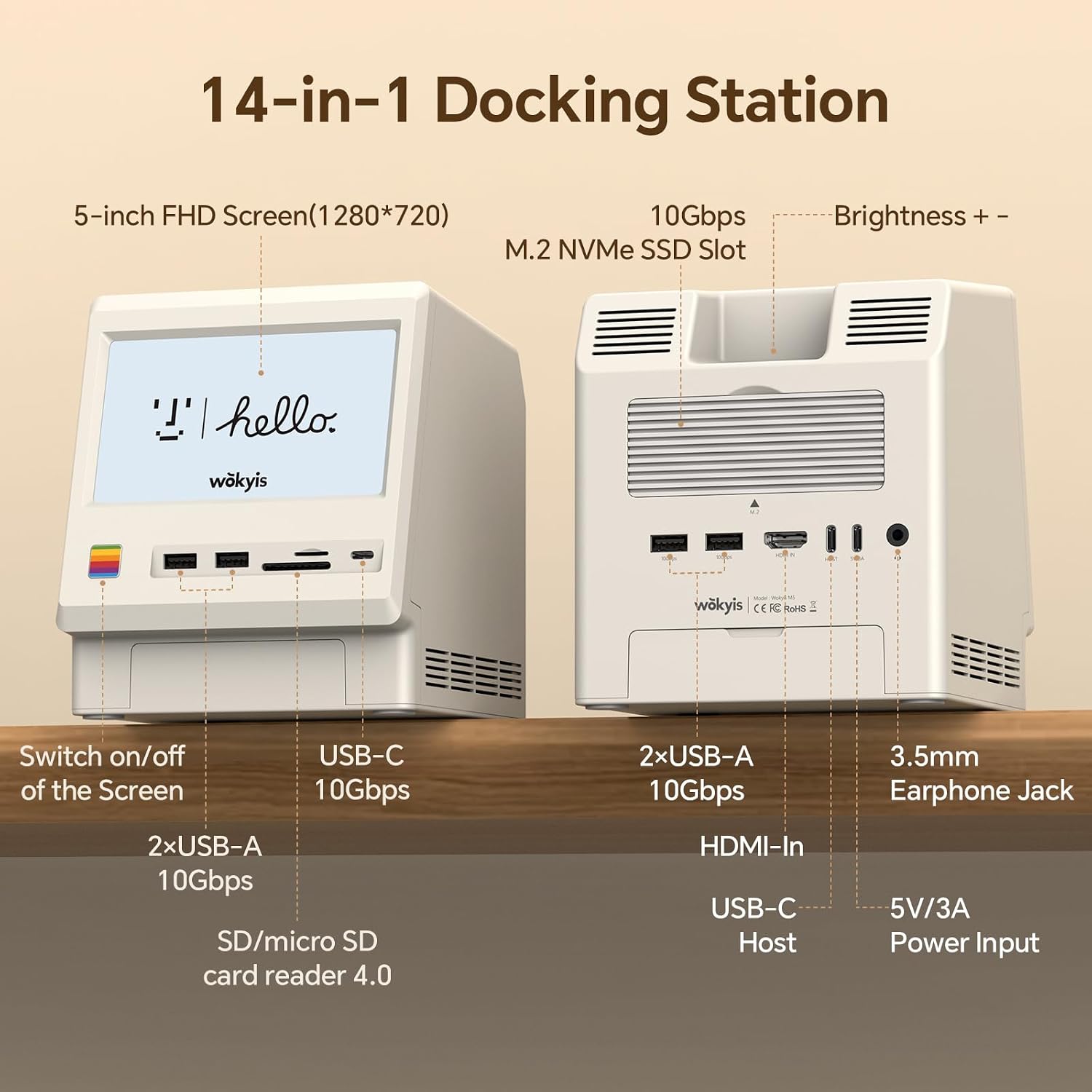 M5 Retro Dock Station for Mac mini M4, 5'inch HD Display, 10Gbps M.2 NVMe SSD Enclosure, SD/Micro SD Reader 4.0, 4*USB-A 1*USB-C 10Gbps, 3.5mm Earphone Jack,