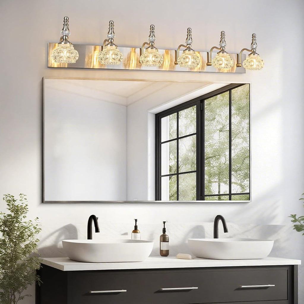 Modern Glass Crystal Vanity Light - Vintage Bathroom Lighting Fixtures Over Mirror, 6 Light Vanity Lights G9 Bulb (43.3 Inch, Nickel)