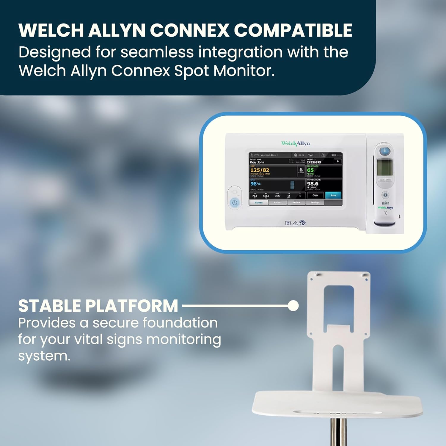 VivaDiagnostics Rolling Stand Vital Signs Monitor for WE 7000 Series Connex Spot, (Monitor NOT Included), Blood Pressure Cuff Basket, Work Surface, Adjustable Pole, and Cord Organizer
