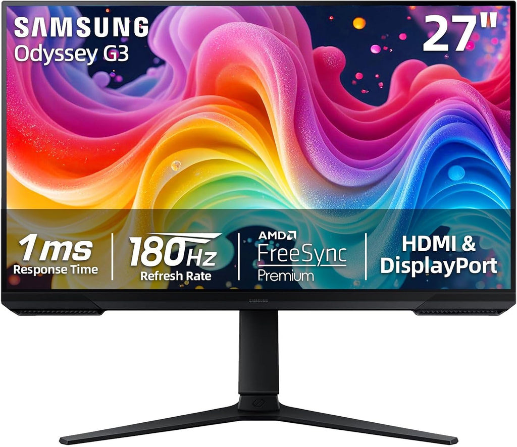 Samsung 27 inch FHD Gaming Monitor, Odyssey G3 Series, 180Hz, 1ms, AMD FreeSync, Black Equalizer, Virtual Aim Point, Flicker-Free, Game Mode, HDMI & DisplayPort, Tilt/Height/Swivel Adjustment, Black