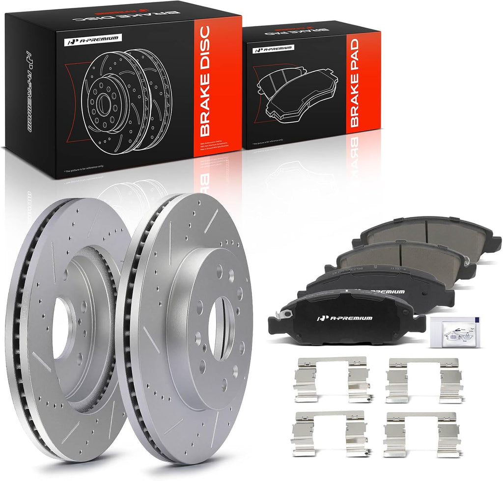 A-Premium 12.99 in(330mm) Front Drilled and Slotted Disc Brake Rotors + Ceramic Pads Kit Compatible with Select Cadillac, Chevy & GMC - Silverado, Suburban, Express, Sierra, Yukon, Escalade, Avalanche