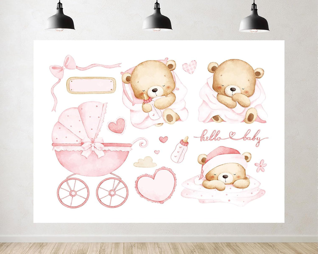 Trykid 20x10ft Hello Baby Photography Backdrop Baby Shower Party Decorations Background Pink Teddy Bear Newborn Kids Gender Neutral Theme Party Supplies Photoshoot Studio Props Fabric