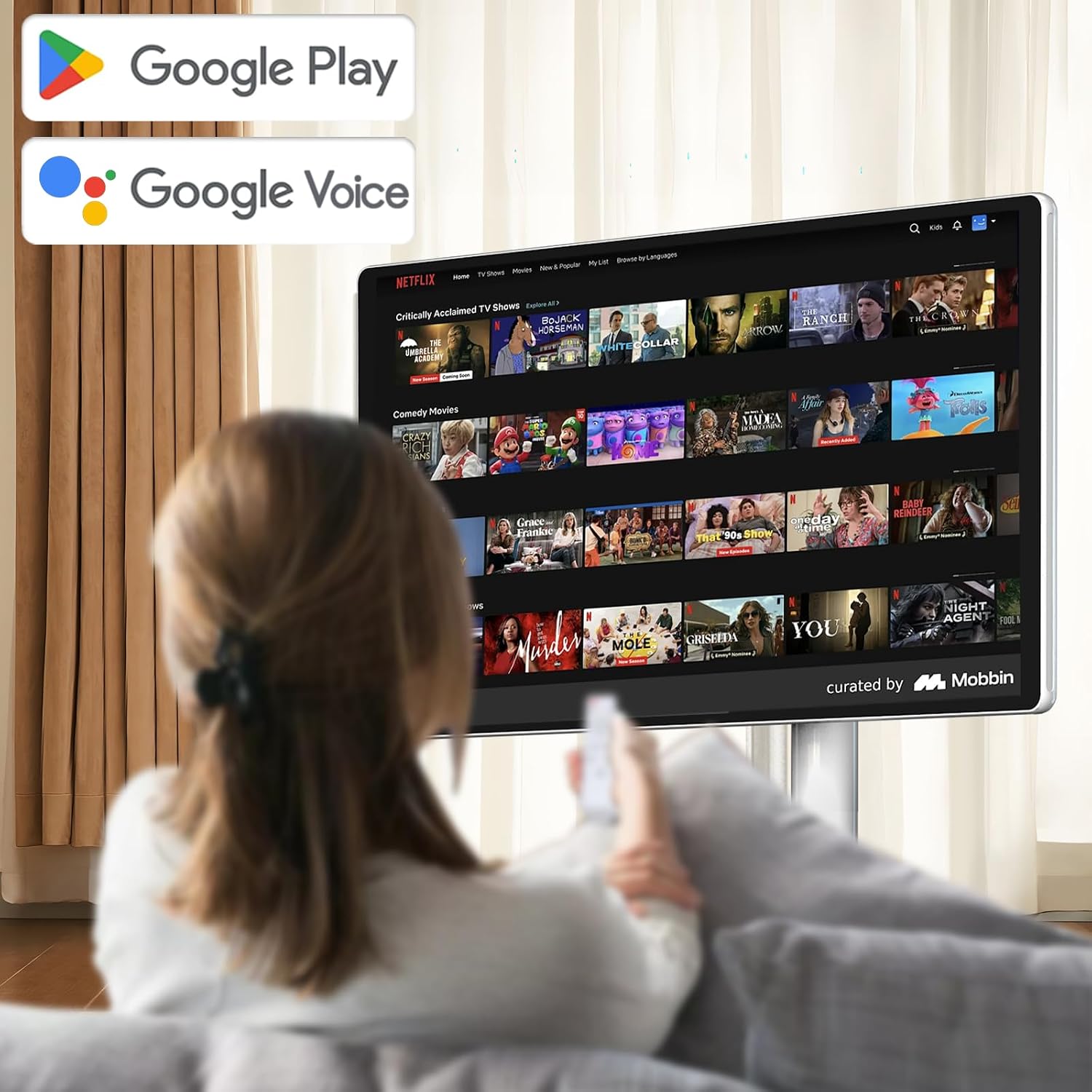 21.5' FHD Smart Portable TV, Rolling TV on Wheels, Android 15 OS, 6G +128GB Storage, Portable Touch Screen Monitor, 13MP Camera, Built-in Battery, 60Hz Refresh Rate, Full Swivel Rotation, Voice Remote