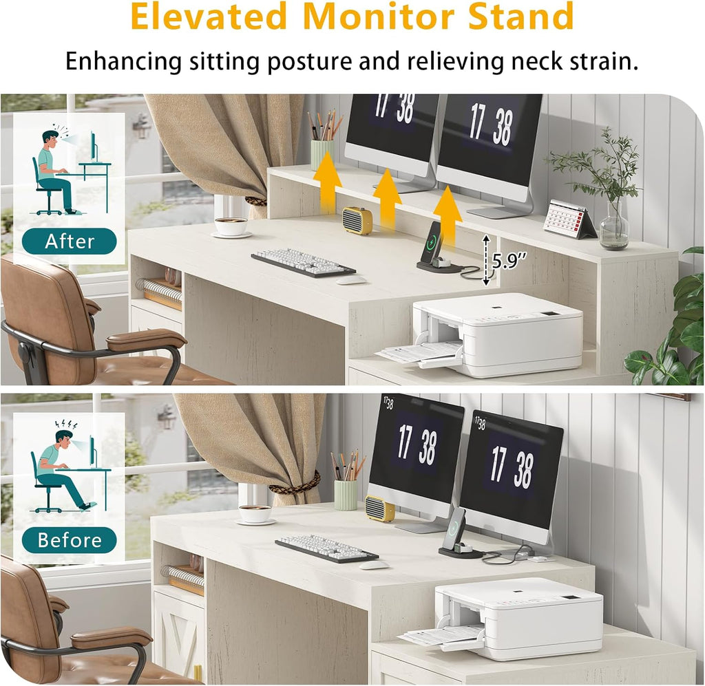 TVU Farmhouse Computer Desk with Drawers, 65'' Home Office Desk with Power Outlets, Storage Cabinet and Printer Stand, Study Writing Desks with Long Monitor Stand, White