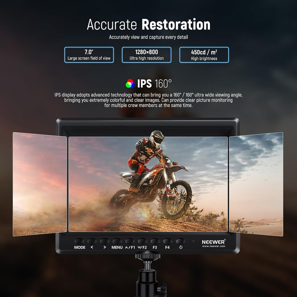 NEEWER F100 7 Inch Camera Field Monitor HD Video Assist IPS 1280x800 HDMI 1080p with 4400mAh F750 Battery, Sunshade Hood & 360° Ball Head for DSLR Cameras, Handheld Stabilizer, Film Video Making Rig