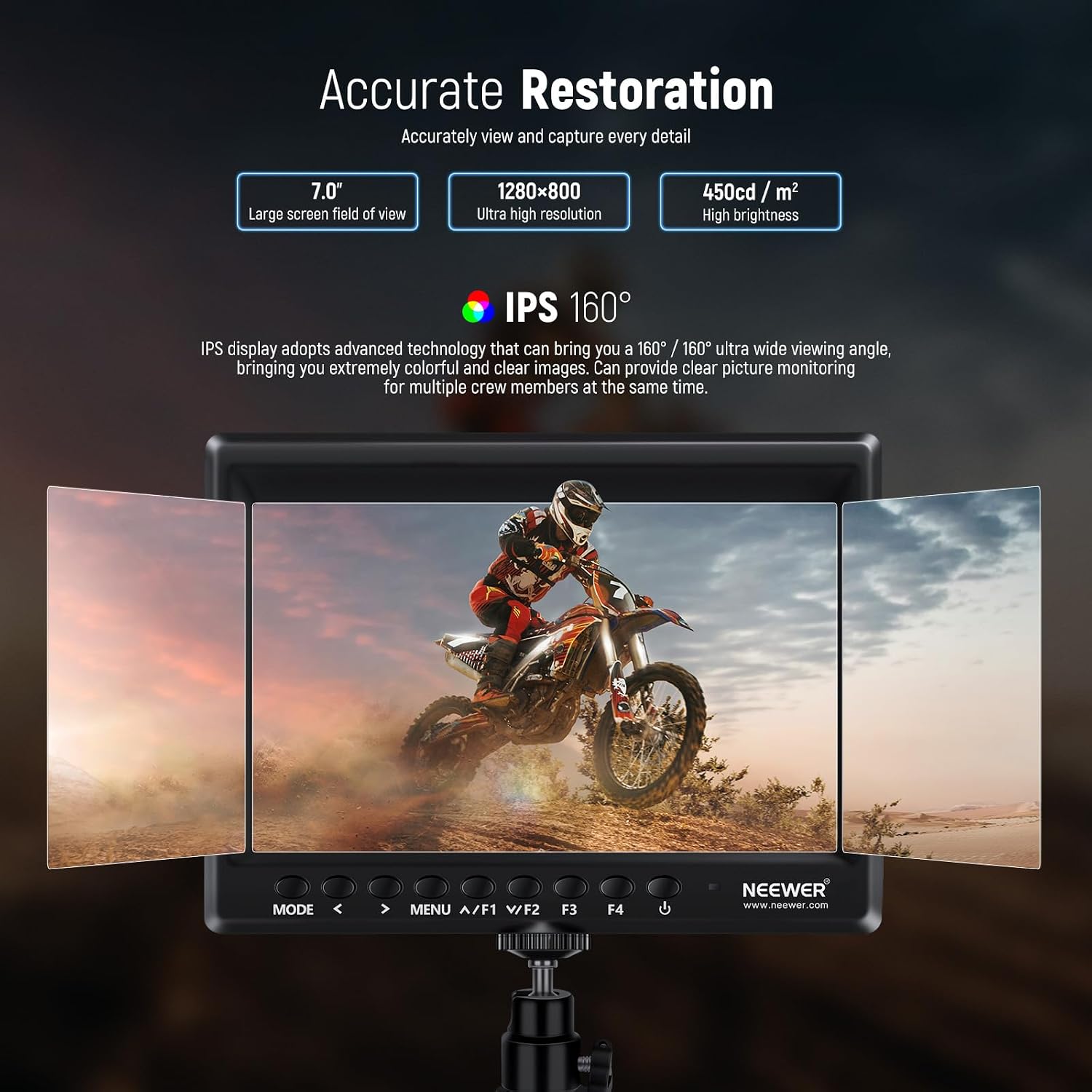 NEEWER F100 7 Inch Camera Field Monitor HD Video Assist IPS 1280x800 HDMI 1080p with 4400mAh F750 Battery, Sunshade Hood & 360° Ball Head for DSLR Cameras, Handheld Stabilizer, Film Video Making Rig