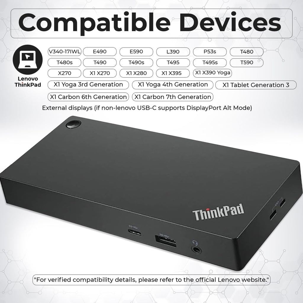 40AY0090US Lenovo Thinkpad Docking Station Dual Monitor - Supports 4K Display, Thinkpad Dock with 90W Adapter, HDMI, DisplayPort, USB C Cables & Cloth - Lenovo Docking Station
