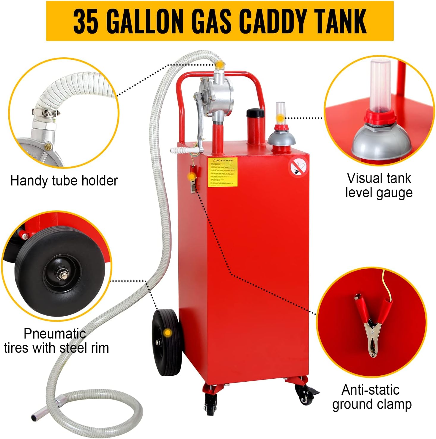 Fuel Gaddy Caddy, 35 Gallon Gas Storage Tank on 4 Wheels, with Manual Transfer Pump, Gasoline Diesel Fuel Container for Cars, Lawn Mowers, ATVs, Boats etc -Red