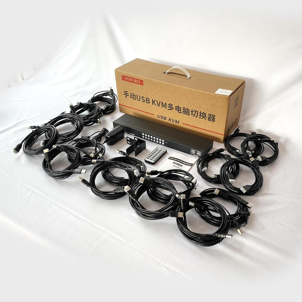 16 Port KVM Switch HDMI, 4K@30Hz HDMI Rack Mount KVM Switch w/ 16 Pcs KVM Cables, Support 4 USB 2.0 Devices & HDCP 2.2 & Remote Control for 16 Computers/Servers