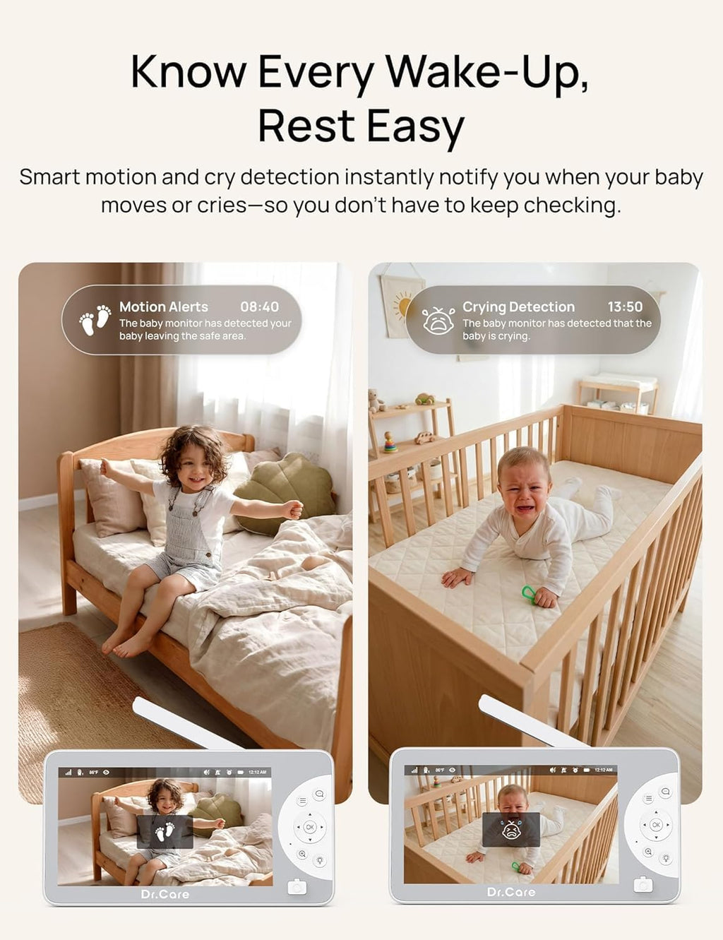 Dr.Care LumiView Max Smart WiFi Baby Monitor with 2 Camaras- 7' 1080P FHD & 2K Camera, Privacy Mode, Cry & Motion Detection, 6000mAh Removable Battery, RGB Night Light, Snapshot & Video Recording