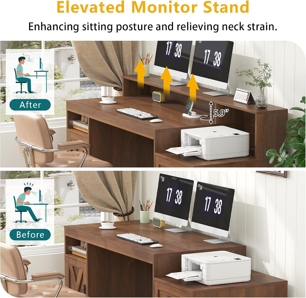 TVU Farmhouse Computer Desk with Drawers, 65'' Home Office Desk with Power Outlets, Storage Cabinet and Printer Stand, Study Writing Desks with Long Monitor Stand, Brown