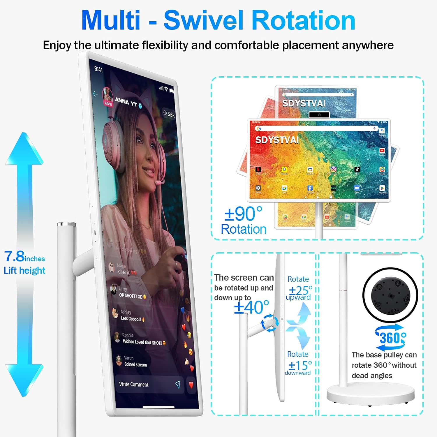 32' FHD Smart Portable TV, Rolling TV on Wheels, Android 15 OS, 6G +128GB Storage, Portable Touch Screen Monitor, 8MP Camera, Built-in Battery, Full Swivel Rotation, Voice Remote