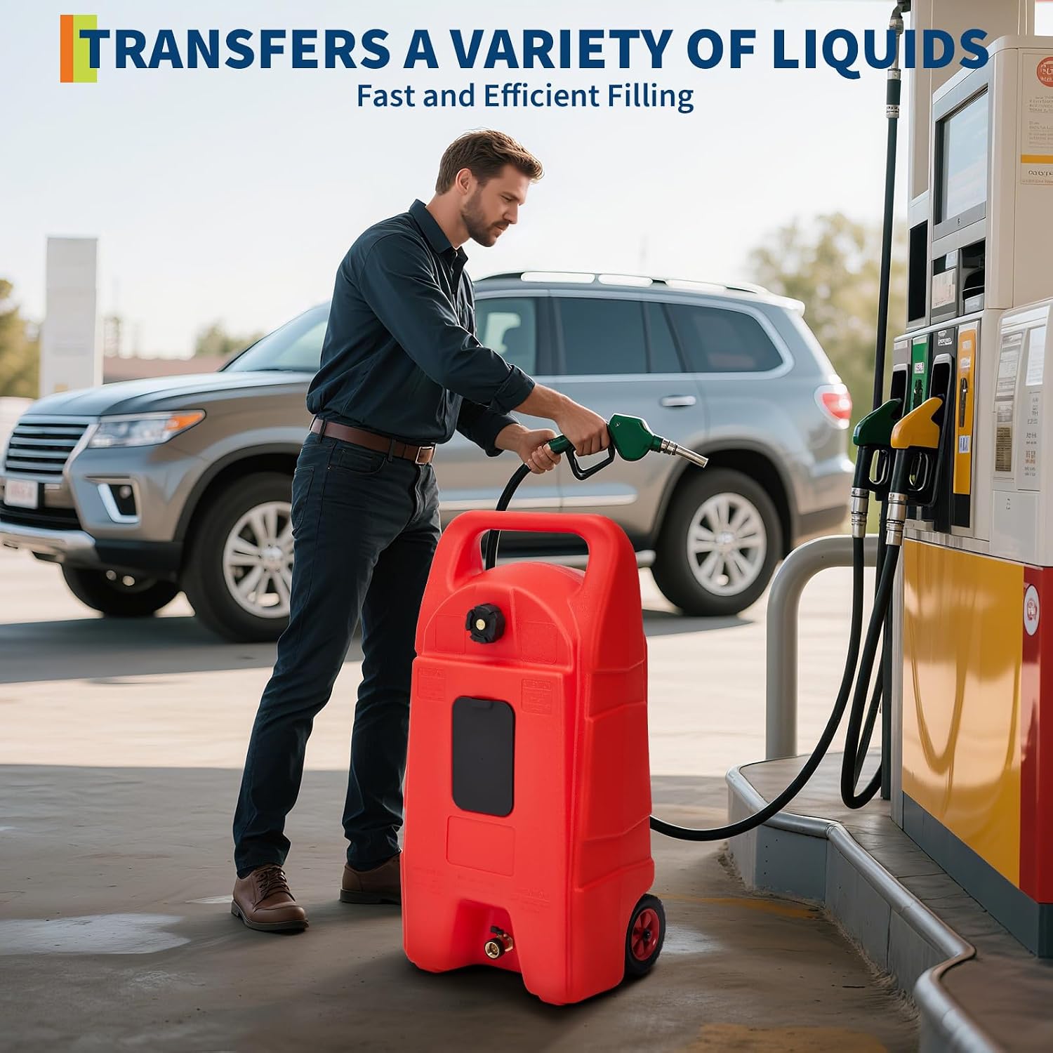 Upgraded 15 Gallon Gas Tank, Heavy-Duty Fuel Can with Manual Transfer Pump & 10FT Hose, Portable Gas Can with Casters, Leak-Proof Gas Container for Lawn Mowers, Tractor, Boat, Snow Blow