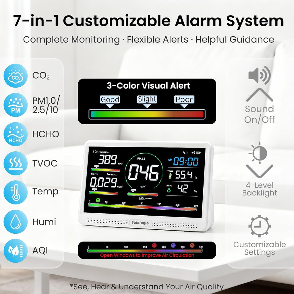 Sainlogic 16 in 1 Professional Air Quality Monitor Indoor with 7.2' Display & 3-Color 7 AQI Alerts,CO2 Monitor Air Quality Tester for CO2,HCHO,TVOC,PM2.5 PM1.0 PM10,Humidity,Temp & Time Meter for Home