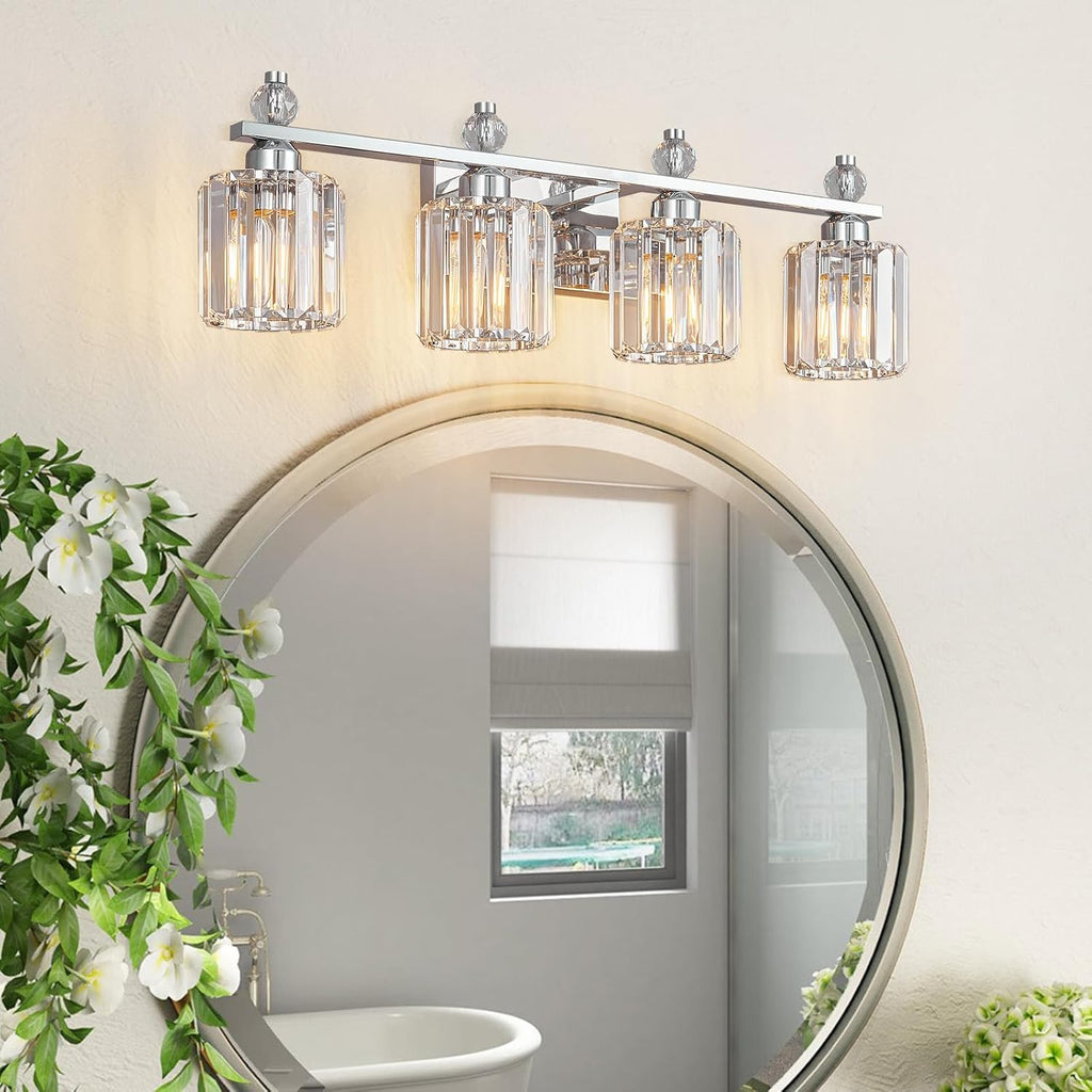 Bathroom Vanity Lights 4-Light Chrome Modern Crystal Vanity Light Fixtures Over Mirror Crystal Bathroom Vanity Lighting Fixtures