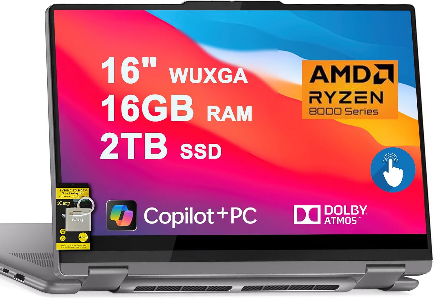 Lenovo Yoga 7 2-in-1 Laptop 16' WUXGA IPS Touch AMD 8-core Ryzen 7 8840HS (>i7-12700H) 16GB RAM 2TB SSD for Creator Designer Business Professional Win11 ICP Hub PC