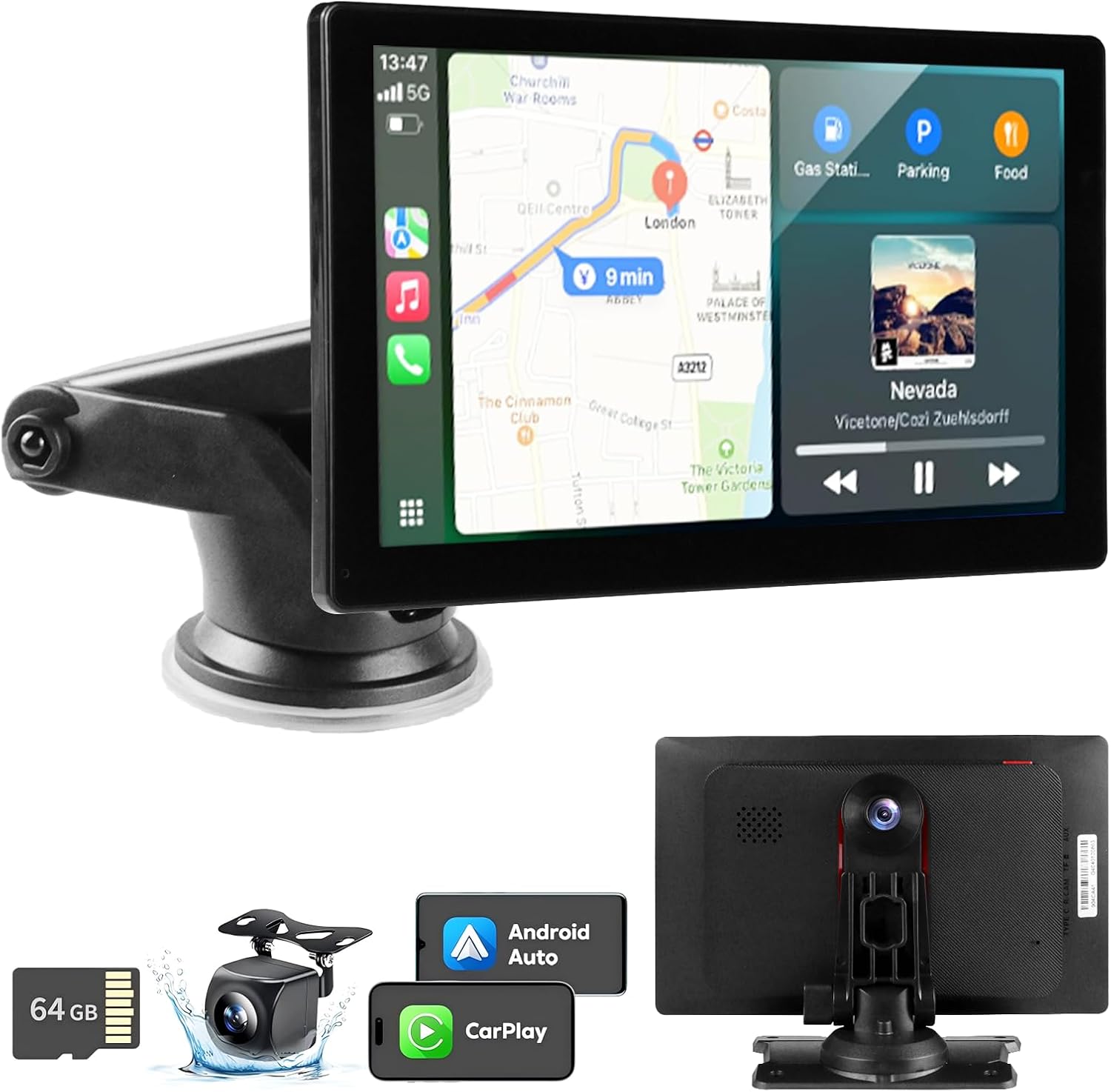9'' Wireless Carplay Screen for Car Android Auto Monitor Display Screen Carplayer Receivers 4K Dash Cam IPS Car Touchscreen with 1080p Backup Camera Voice Control BT FM Mirror Link