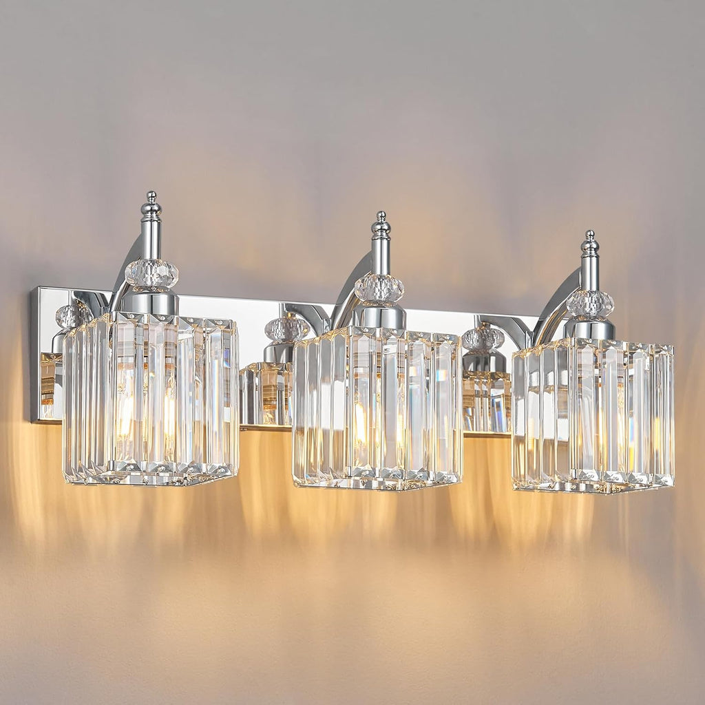 Modern Bathroom Vanity Light 3-Light Chrome Crystal Light Fixtures Over Mirror for Bathroom Wall Sconce
