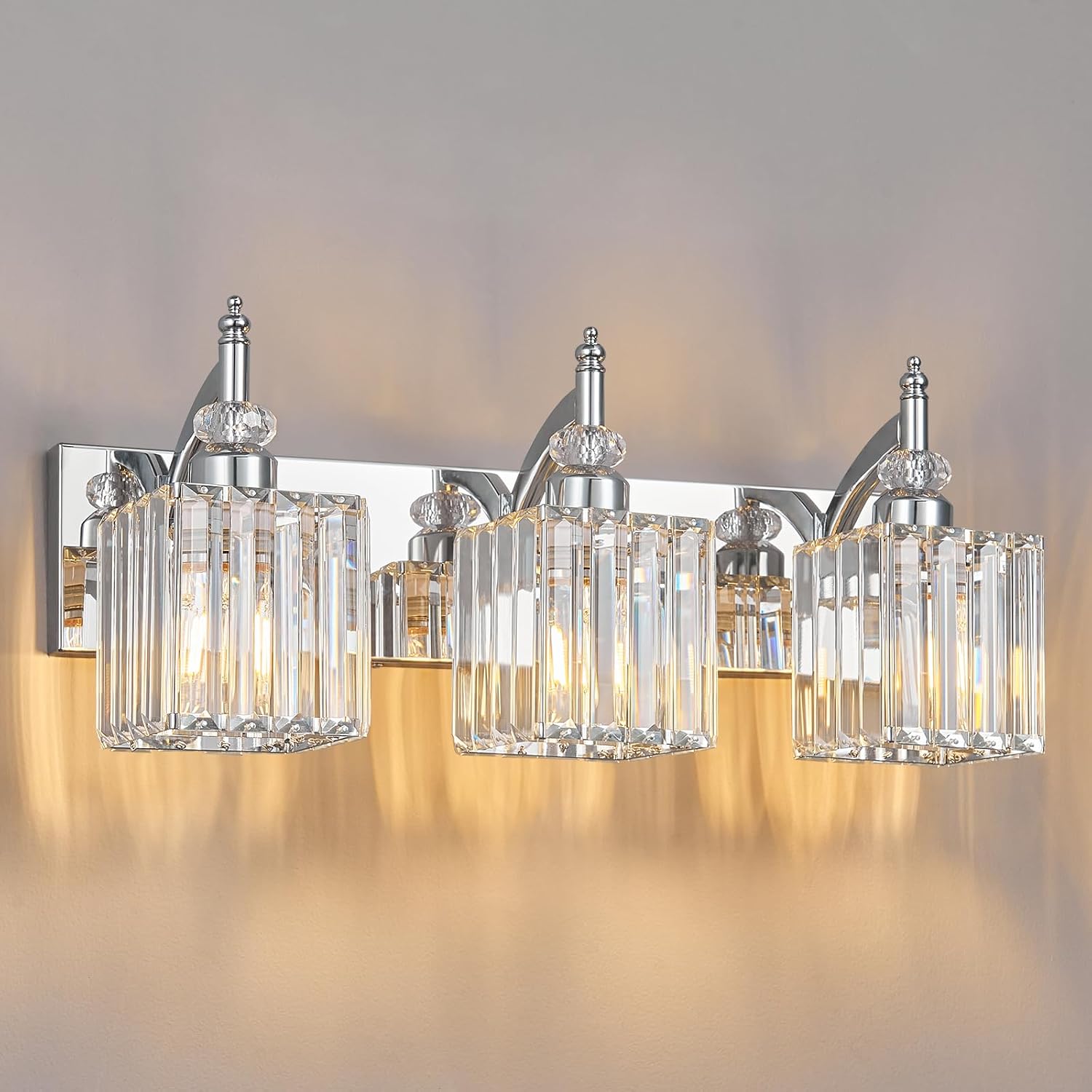 Modern Bathroom Vanity Light 3-Light Chrome Crystal Light Fixtures Over Mirror for Bathroom Wall Sconce