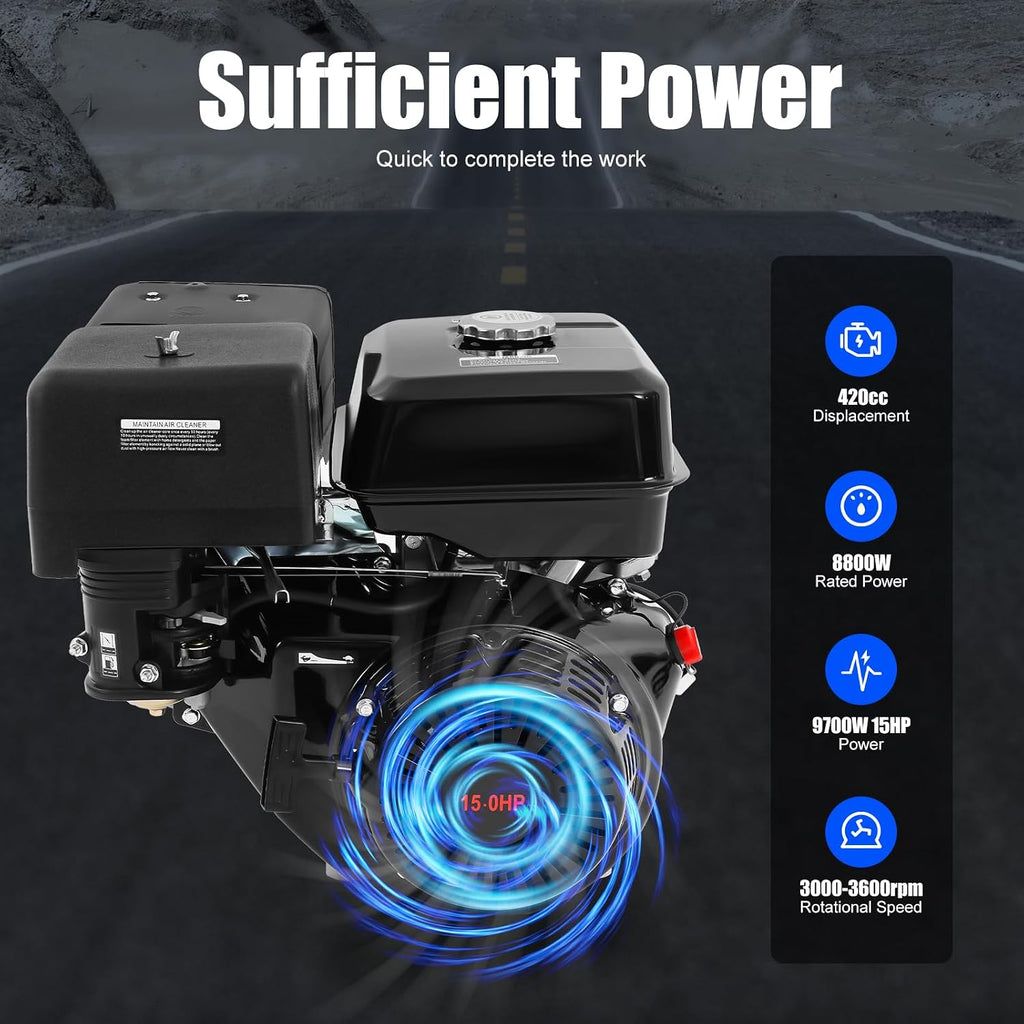 Bepritm 4 Stroke Gas Engine, Single Cylinder Air Cooled Gasoline Motor Engine, Go Kart Motor Engine Horizontal Shaft for Lawn Mower, Go-Karts and Compressors (15HP 420CC Black)