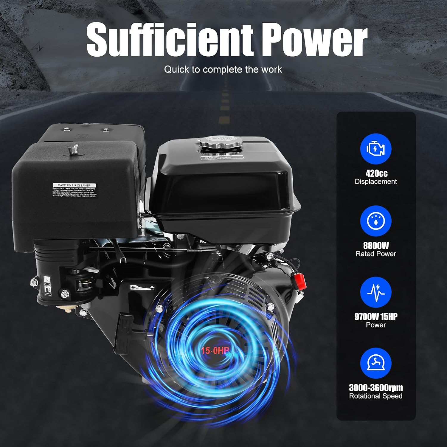 420CC Gasoline Powered Go Kart Motor, 15HP 4-Stroke Gas Engine OHV Horizontal Shaft Single Cylinder Gas Engine with Pull Handle and Silencer for Compressor Lawnmower Motor (420CC-15HP)