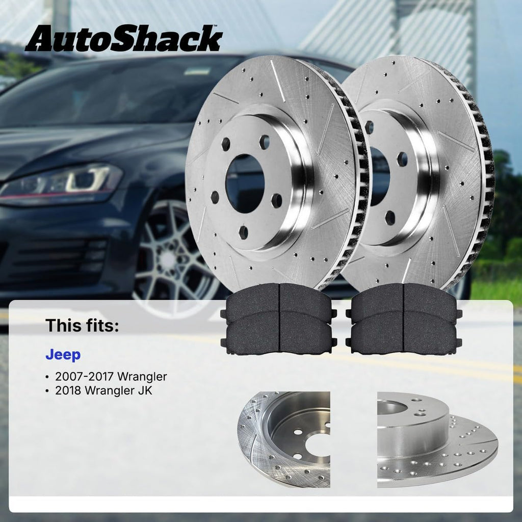 AutoShack Front & Rear Brake Rotors & Ceramic Pads for Jeep, Wrangler 2007-2017 Wrangler JK 2018, 4WD RWD V6 3.6L 3.8L - Silver Zinc Coated Drilled & Slotted - SilverShield Pro