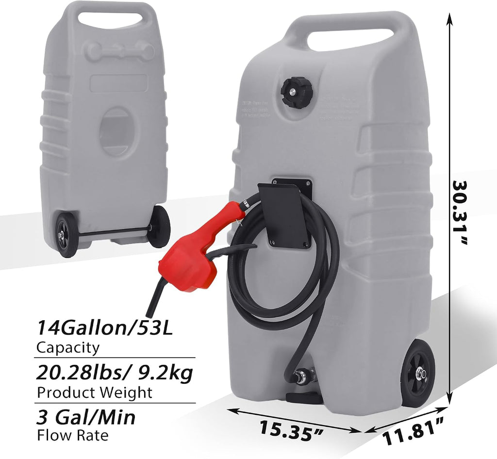 14 Gallon Portable Fuel Tank with Wheels, Red Gas Caddy with Manual Siphon Pump & 10FT Hose, T-Handle for Easy Carry, Included for Cars, ATVs, Boats, Generators - Gray