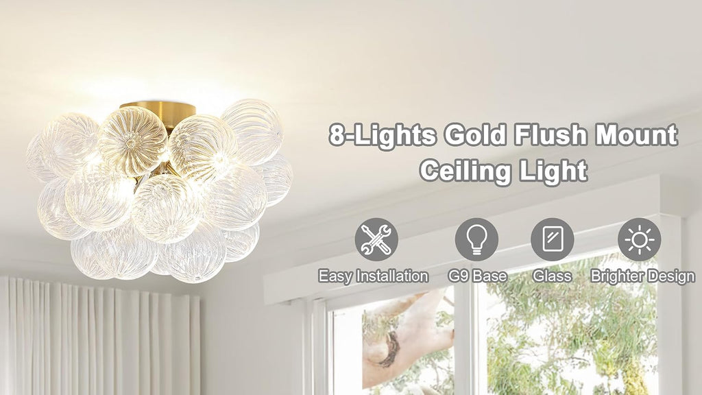 8-Light Flush Mount Ceiling Light, 16' Glass Bubble Ball Chandelier with 21 Clear Balls, Modern Globe Dining Room Light Fixture for Bedroom, Living Room, Hallway, Entry, Bathroom