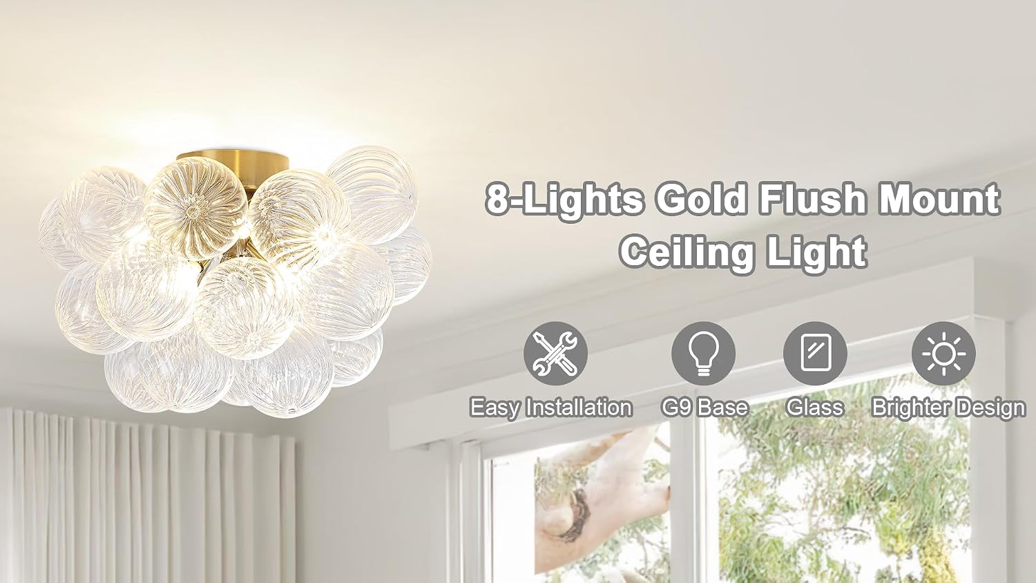8-Light Flush Mount Ceiling Light, 16' Glass Bubble Ball Chandelier with 21 Clear Balls, Modern Globe Dining Room Light Fixture for Bedroom, Living Room, Hallway, Entry, Bathroom