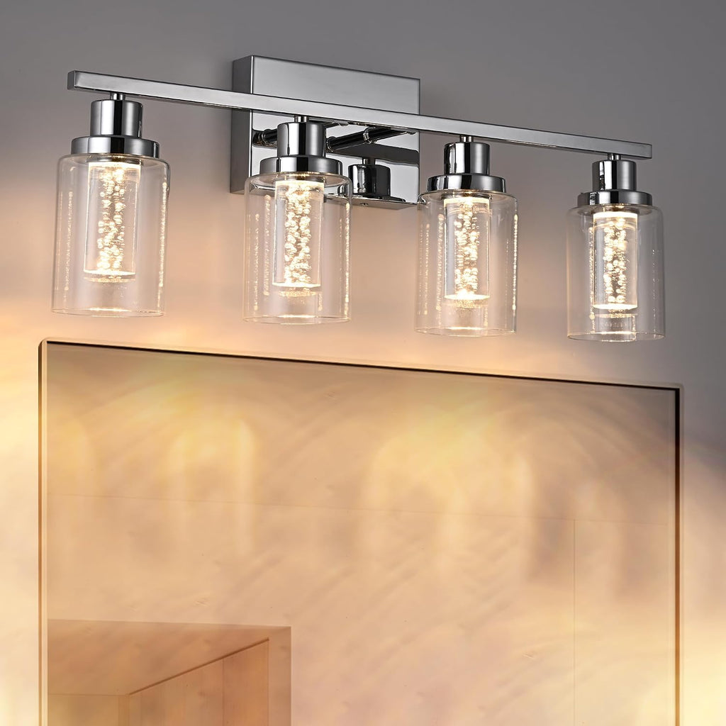 MELUCEE 5 Color Dimmable LED Bathroom Light Fixtures 4 Light Chrome Vanity Lights Bathroom Lights Over Mirror Wall Light Fixtures with Crystal Bubble Clear Glass Shade, Built-in LED Chips