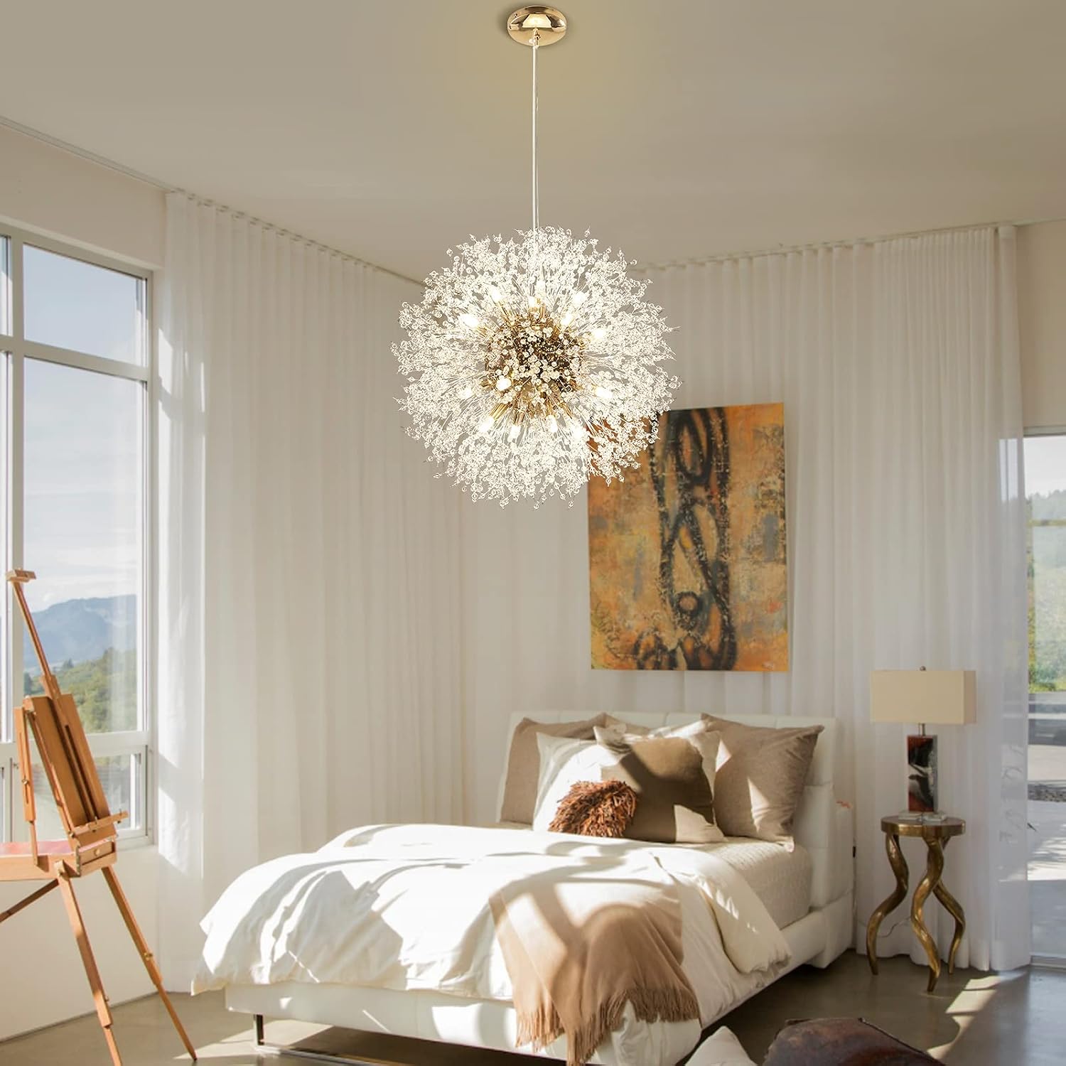 Lingkai 23.6' Gold Modern Crystal Chandeliers Firework, Bubble Chandelier Lighting for Bathroom Dining Room Bedroom Kitchen Island Living Room Light Fixture, 16-Light Gold Hanging Round Chandalier