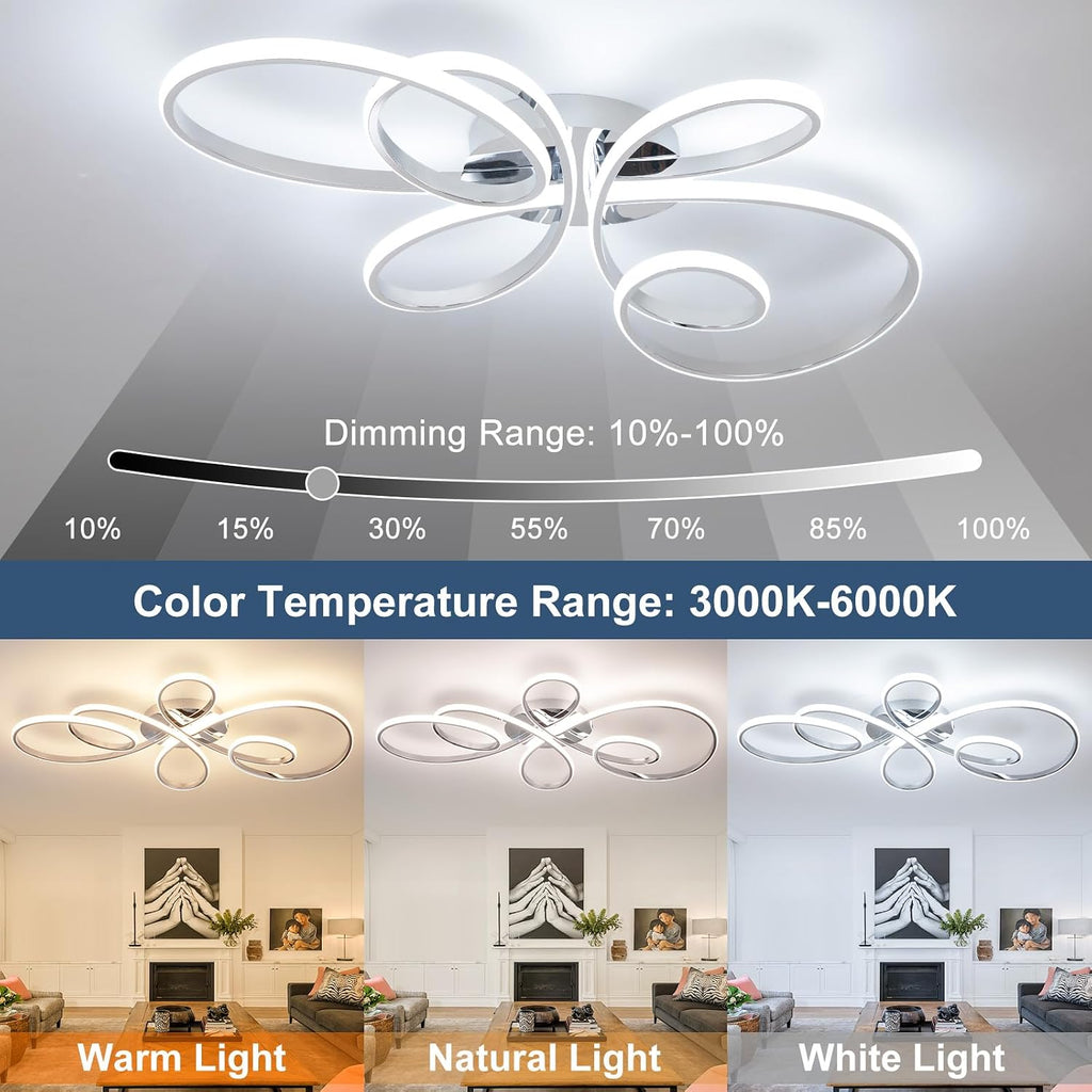 66W Modern LED Ceiling Light, 39.37Inch Flower Flush Mount Light Fixture with Remote Control Chrome Dimmable Ceiling Lamp for Living Room, Bedroom, Dining Room, Hallway, Kitchen