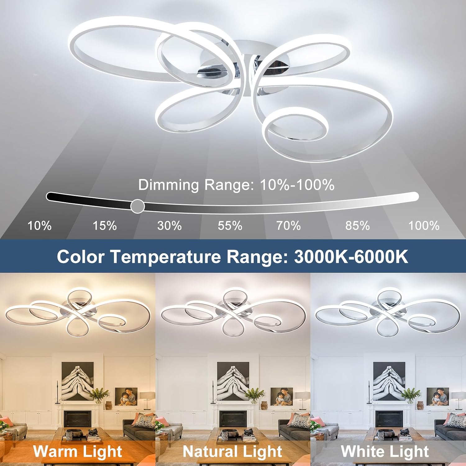 66W Modern LED Ceiling Light, 39.37Inch Flower Flush Mount Light Fixture with Remote Control Chrome Dimmable Ceiling Lamp for Living Room, Bedroom, Dining Room, Hallway, Kitchen