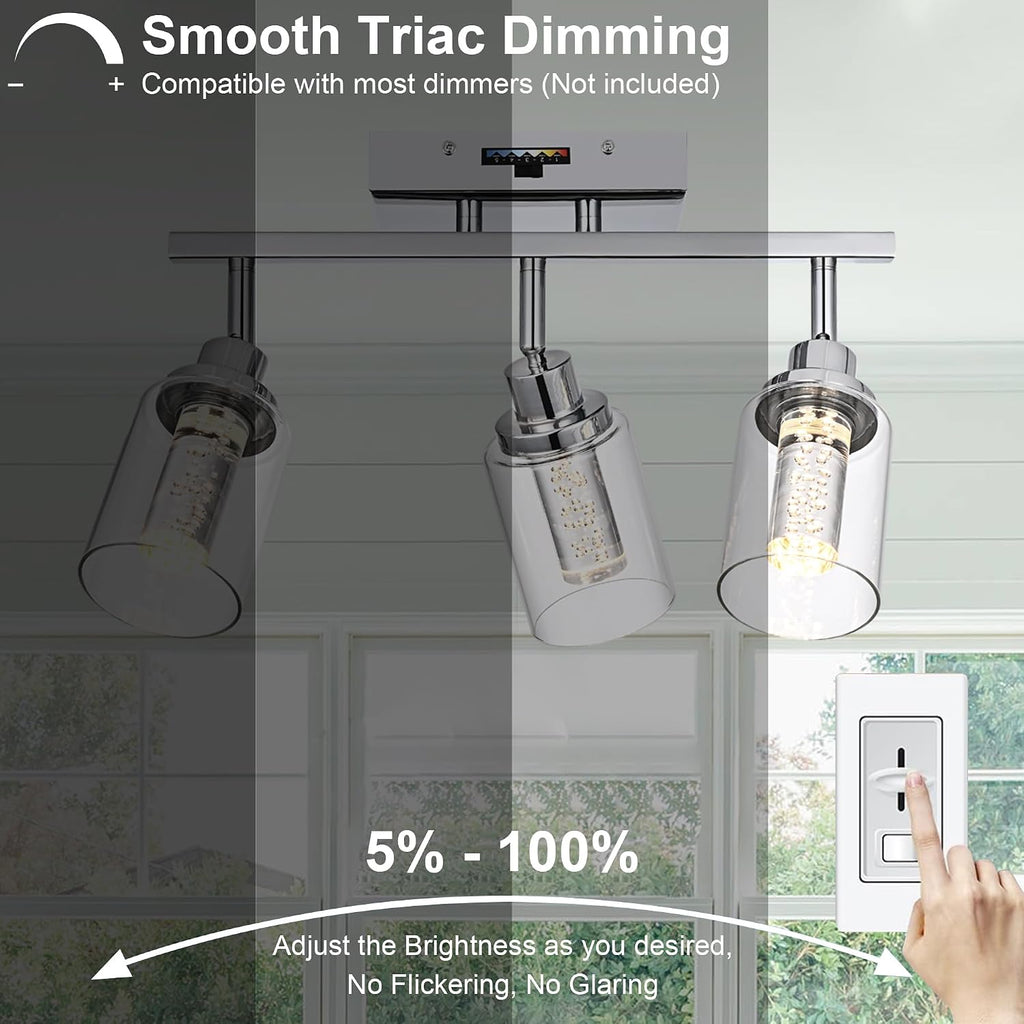MELUCEE 5-Color Dimmbale LED Track Lighting Kit Chrome Ceiling Mount 3-Light Wall Scones Rotatable Spotlight Ceiling Light Fixture, Kitchen Track Lighting Bathroom Vanity Fixtures, Clear Glass