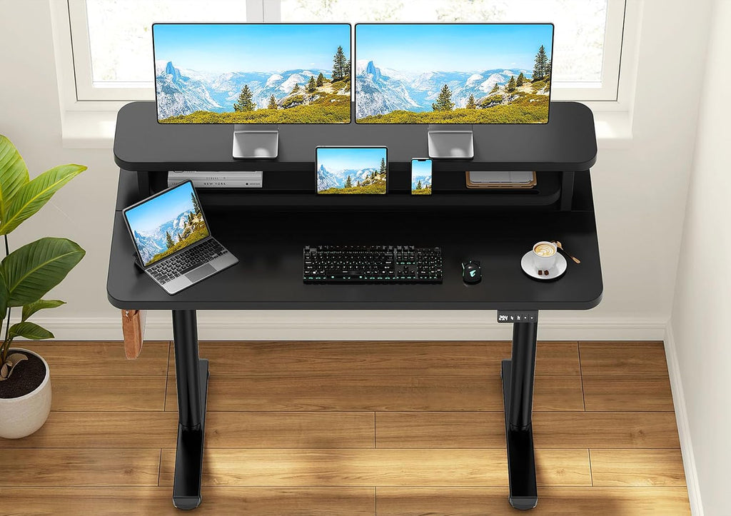 Flycity Electric Standing Desk with Dual Monitor Stand, Height Adjustable Desk Sit Stand Desk with Memory Controller, Casters & 2 Hooks, Low Noise Home Office Desk (Black, 48' x 24')