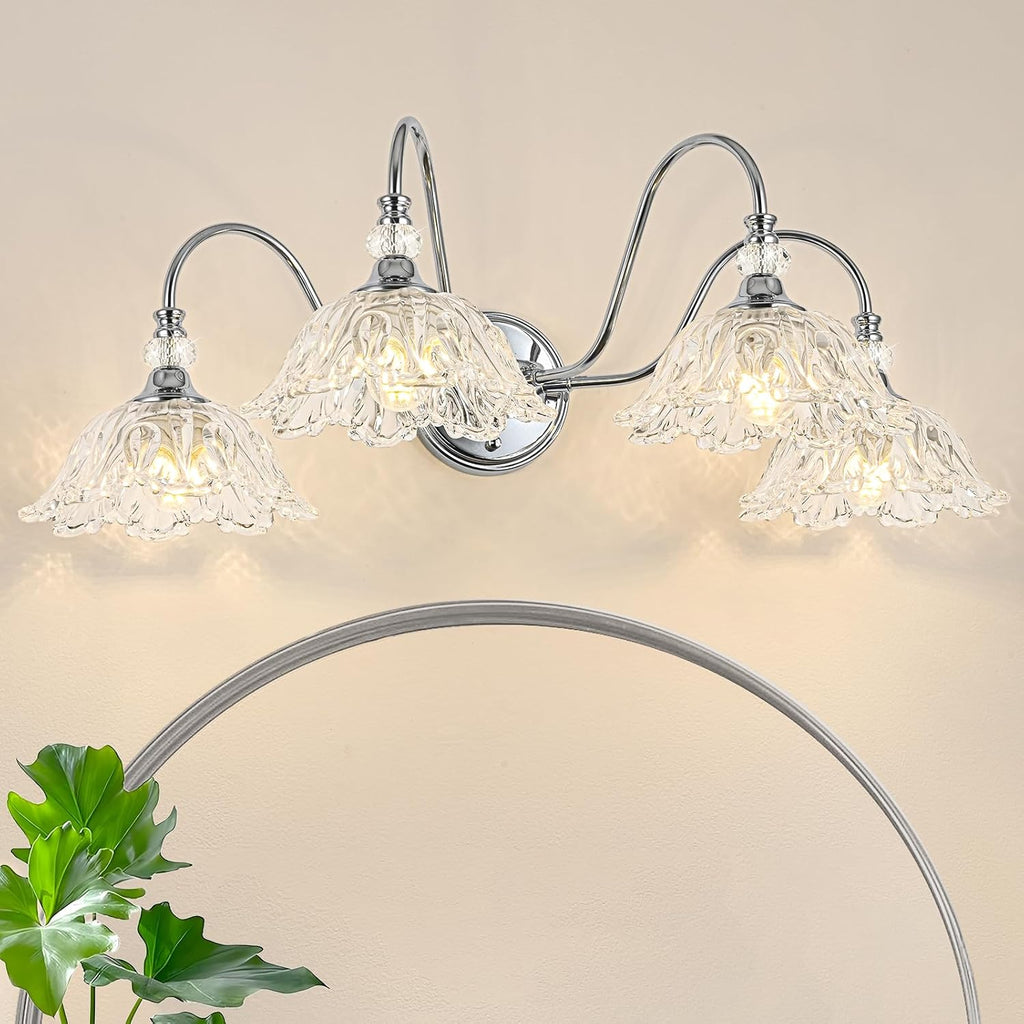 Brushed Chrome 4-Light Bathroom Vanity Light with Floral Clear Glass Shades, Modern Wall Mount Lighting for Bathroom, Dressing Table