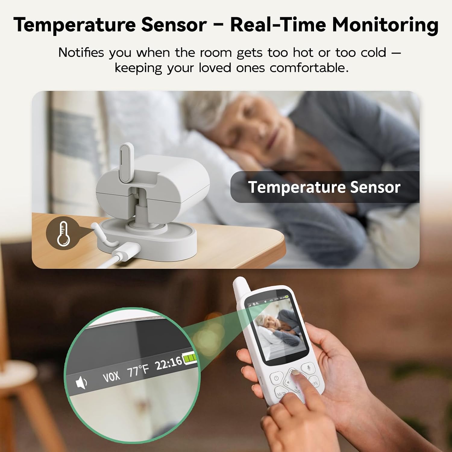 Elderly Monitor with Camera and Audio, 2-Way Talk Room Monitors for Elderly, Call Button, Med Reminder, Temp Monitoring, Night Vision, Pan-Tilt-Zoom Video Monitor for Elderly Care & Caregivers/No WiFi