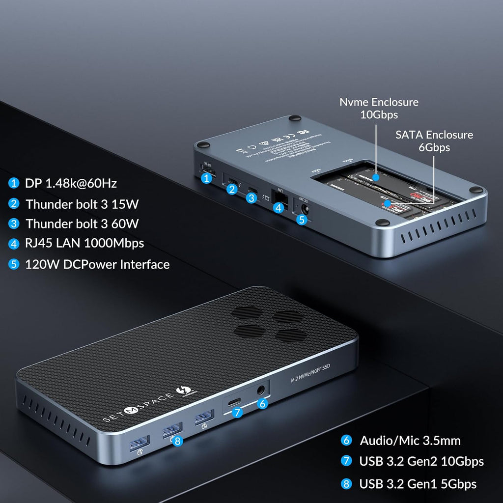 10 in 1 Docking Station with Thunderbolt 3 Port, 2X USB 3.1 Gen1, 2X USB 3.1 Gen2, PD 60W, 8K@60Hz DP, 3.5 Audio/Mic, Ethernet, 120W DC in, NVMe and SATA M.2 SSD Enclosure