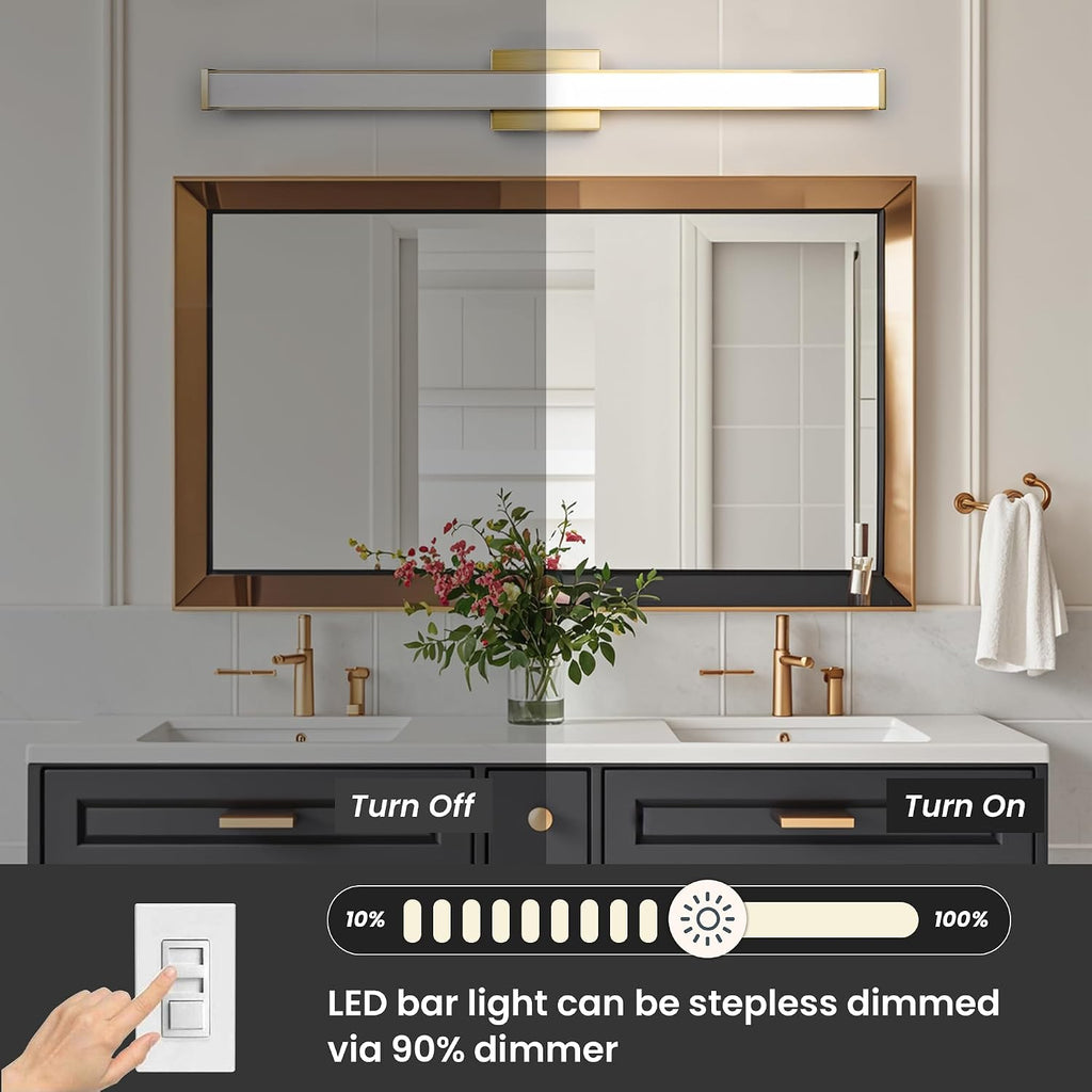 Modern LED Bathroom Vanity Light 36 inch 24W Dimmable 3CCT Bathroom Light Fixture Over Mirror Rectangle Bath Vanity Light Bar with Double Layer Acrylic Shade (Golden)