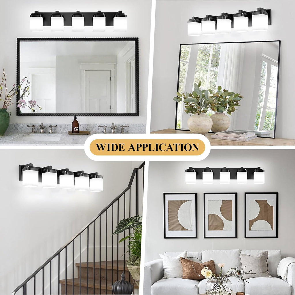 Vanity Lights, Bathroom Light Fixtures with Milky White Square Glass Shade, Modern Vanity Light Over Mirror, Bathroom Light Fixtures, Wall Sconce Light 5-Light Black, E26 Base