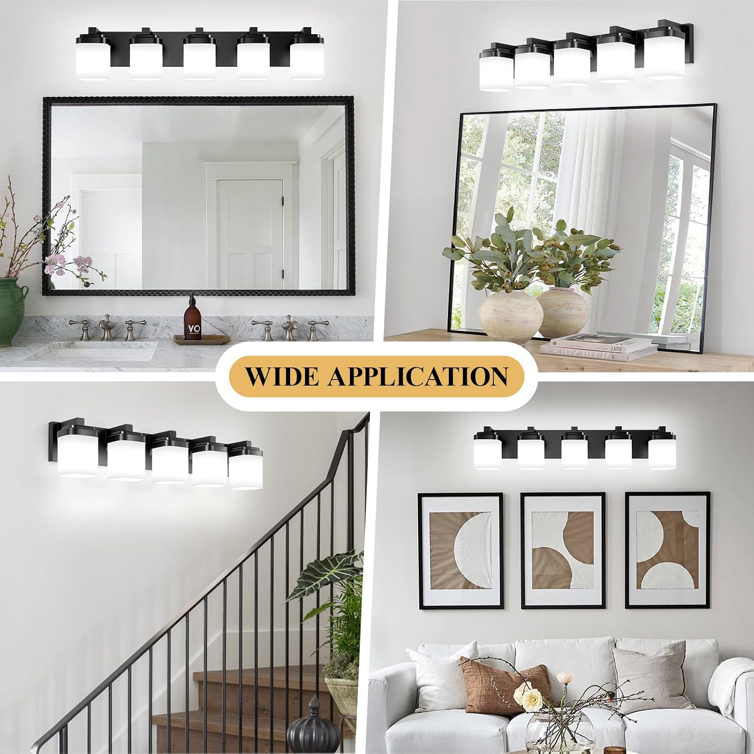 Vanity Lights, Bathroom Light Fixtures with Milky White Square Glass Shade, Modern Vanity Light Over Mirror, Bathroom Light Fixtures, Wall Sconce Light 5-Light Black, E26 Base
