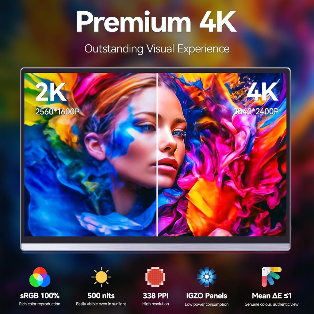 Intehill Portable Monitor 4k,Anti-Glare 13.4' 3840 * 2400 IGZO Screen, 4K Portable Travel Monitor, 1500:1,500 Nits Screen,HDR,sRGB 100%,Built-in Speakers,Dual USB-C,HDMI for Laptop Mac Phone PS5